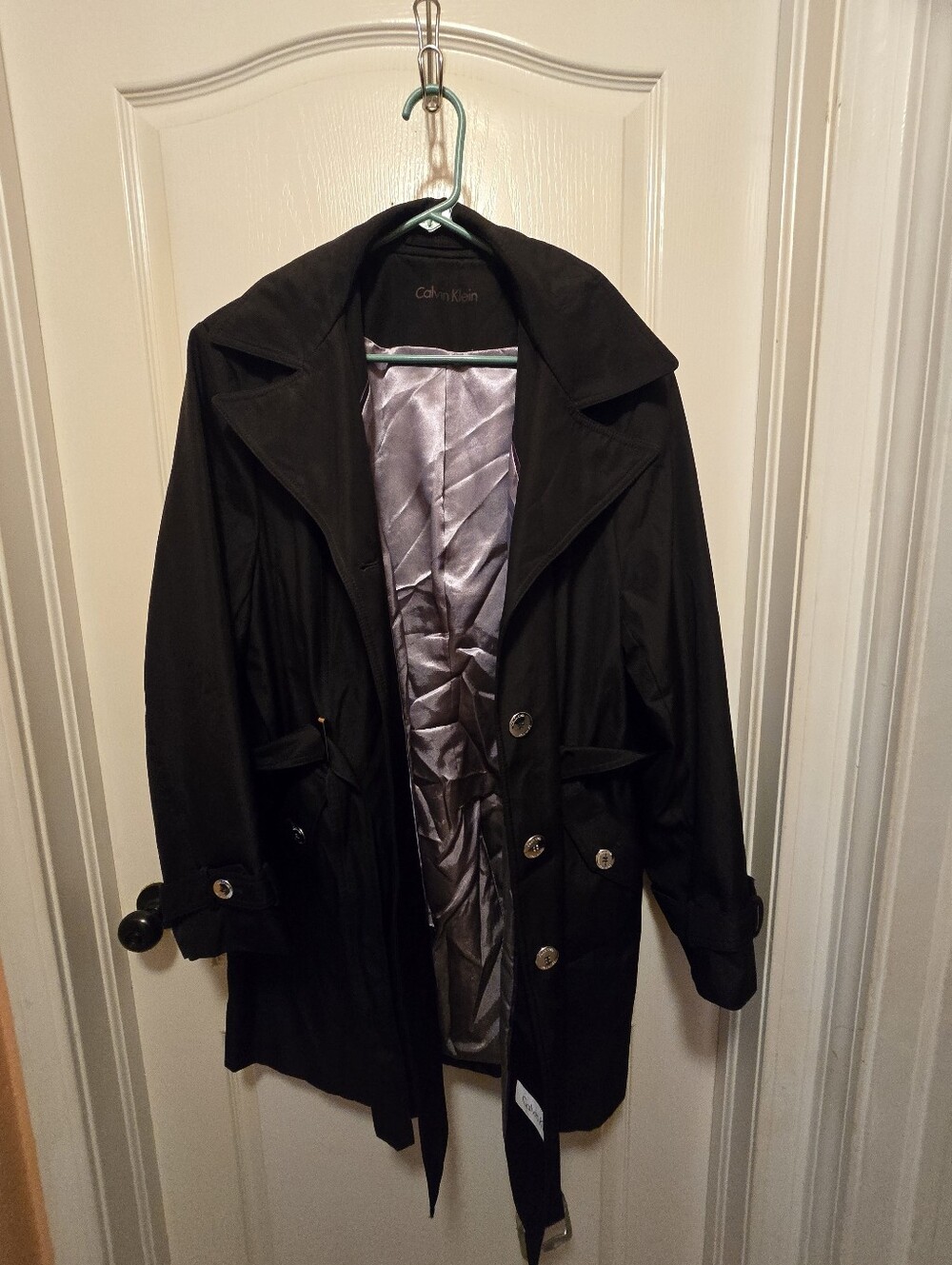 Calvin Klein Black Trench Coat with Lilac Lining and Hood